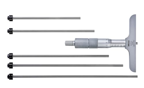 Mitutoyo 129-109 Vernier Depth Gauge, Interchangeable Rods, Micrometer Type, 0-50mm Range, 0.001mm Graduation, +/-0.0027mm Accuracy, 63.5mm x 16mm Base, 2 Rods
