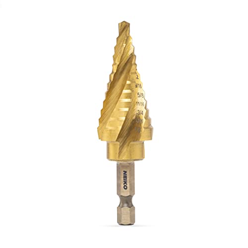 NEIKO 10180A Steel Spiral Quick-Change Step Drill Bit for Metal with 4-Flute Spiral Grooved Design, Nitride-Coated High-Speed Steel Multitool with 12 Sizes in 1 Step Bit, Unibit, Hole Drill Bit - size: #4 (3/16 - 7/8", 12S), style: 4-Flute Spiral