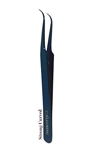Alluring TITANIUM BLUE Tweezers for Eyelash Extension for Volume Lashes - Strong Curved - size: STRONG CURVED