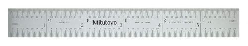 Mitutoyo 182-101, Steel Rule, 6" (4R), (1/8, 1/16, 1/32, 1/64"), 3/64" Thick X 3/4" Wide, Satin Chrome Finish Tempered Stainless Steel, Clear