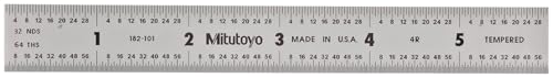 Mitutoyo 182-101, Steel Rule, 6" (4R), (1/8, 1/16, 1/32, 1/64"), 3/64" Thick X 3/4" Wide, Satin Chrome Finish Tempered Stainless Steel, Clear