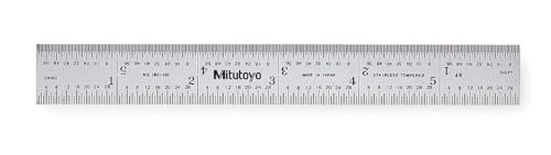 Mitutoyo 182-101, Steel Rule, 6" (4R), (1/8, 1/16, 1/32, 1/64"), 3/64" Thick X 3/4" Wide, Satin Chrome Finish Tempered Stainless Steel, Clear