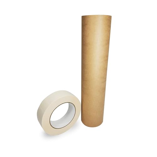 IDL Packaging 12" x 60 Yards Brown Masking Paper Set with Tape (1 Roll) - size: 12" X 60 Yards, style: SET White, Pack of 1