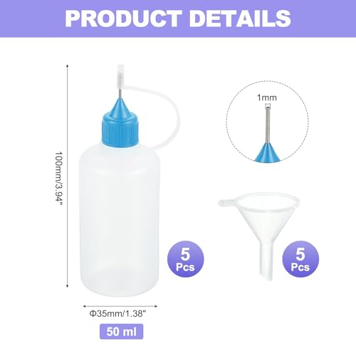 MECCANIXITY 5Pcs Needle Tip Squeeze Bottle, 50ml/1.69oz Glue Tip Applicator Bottles Plastic Liquid Glue Bottle for Paper Crafts, Painting, Oil, Ink(Blue, with 5 Funnel) - color: Blue, size: 50ml/1.69oz
