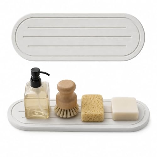 Razborci 2PCS Water Absorbing Stone Drying Tray Mat for Bathroom Sink & Kitchen Counter Faucet Organizer Decor, Quick Dry Dish Soap Dispenser Sponge Holder, Vanity Sink Caddy Coaster,White -10"*3.8" - color: 2 Pack - White, size: 10" x 3.8"
