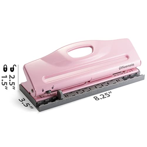 Officemate Adjustable 6-Hole Punch - 8 Sheet Capacity, Paper Punch for Planners and Binders, Fits Mini/Pocket, A6, Personal, A5 and Half Letter Paper, Easy-Read Guide, Pink - color: Pink