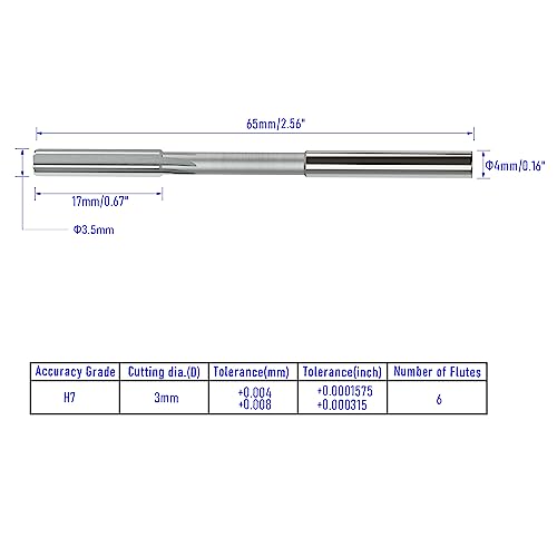 Chucking Reamer 3.5mm, H7 HSS Cobalt M35, Lathe Machine Reamer - size: 3.5mm