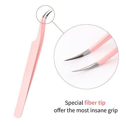 Eyelash Extension Tweezers FADLASH Volume Lash Tweezers Precision Curved Tip Lash Extension Tweezers Isolation & Volume Techniques Professional Application Tools - size: Fiber Tip J Curved Pointed Tweezers
