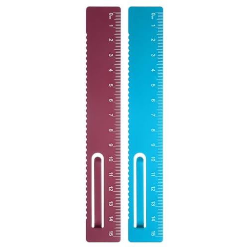 HARFINGTON 2pcs Straight Ruler 15cm Metal Bookmark Clip Rulers Red/Blue - color: Red/Deep Blue