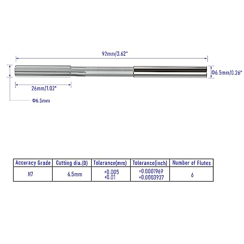 Chucking Reamer 6.5mm, H7 HSS Cobalt M35, Lathe Machine Reamer - size: 6.5mm