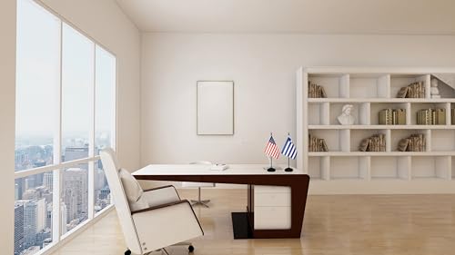 USA American & Greece Greek Desk Flags, US Greece Office Table Flag, Small Mini Miniature Greek and US Desktop Flag With 13" Solid Black Pole, Black Base - color: Greece