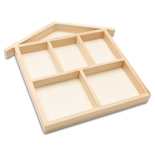 DIY House Shaped Shadow Box 10-inch, Pack of 1, 6-Section Wooden Divided Serving Tray for Crafts & Candy/Food Party Tray, by Woodpeckers - size: 12" x 10" x 1"