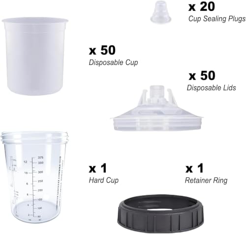 Disposable Paint Spray Gun Cup, Paint System for HVLP and LVLP Paint Spray Paint Gun, Standard 13.5 Ounce (400ml) Kit with 50 Cups and Lids System, 1 Hard Cup with Retainer Ring and 20 Plugs - size: 400ml Paint Cup