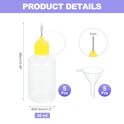 MECCANIXITY 5Pcs Needle Tip Squeeze Bottle, 30ml/1oz Glue Tip Applicator Bottles Plastic Liquid Glue Bottle for Paper Crafts, Painting, Oil, Ink(Yellow, with 5 Funnel) - color: Yellow, size: 30ml/1 oz