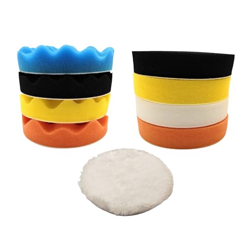10Pcs 5Inch Face Backing Plate Compound Buffing Polishing Sponge Pads Waffle Foam Buffing Polishing Pads Kit with Woolen Cutting Pad and 5Inch Backing Plate M10 Drill Adapter - size: 5inch 10Pcs