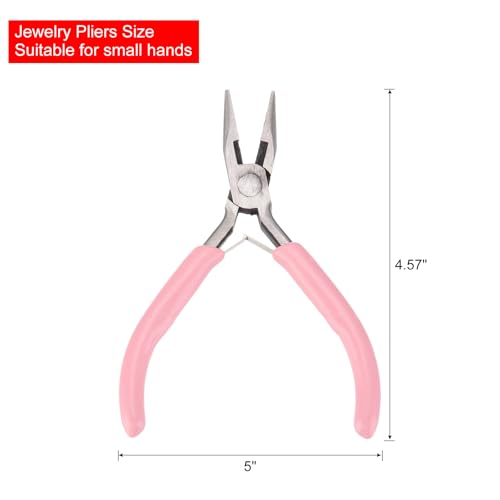 HARFINGTON Needle Nose Pliers 5" Mini Jewelry Pliers with Cutter & Non-slip PVC Handle Thin Precision Jewelry Flat Jaw for Beading Tool Hobby Craft, Pink