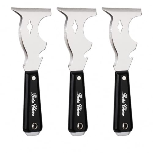 Bates- Paint Scraper, 10-in-1 Painter’s Tool, 3 Pack, Sharp Beveled Blade & Strong Handle, Hammer End, Multi-Use Paint Scraper for Wood, Caulk, Adhesive, Varnish Removal, Putty Knife & Spackle Tool - color: Black, size: 3 Pack
