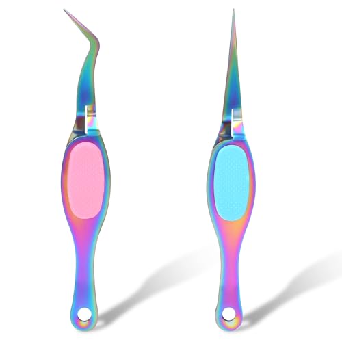 Salbsever 2 Pcs Craft Tweezers - Precision Reverse Tweezers with Soft Grip, Crossing Lock, Fine Point and Curved/Straight Tips - color: Colorful