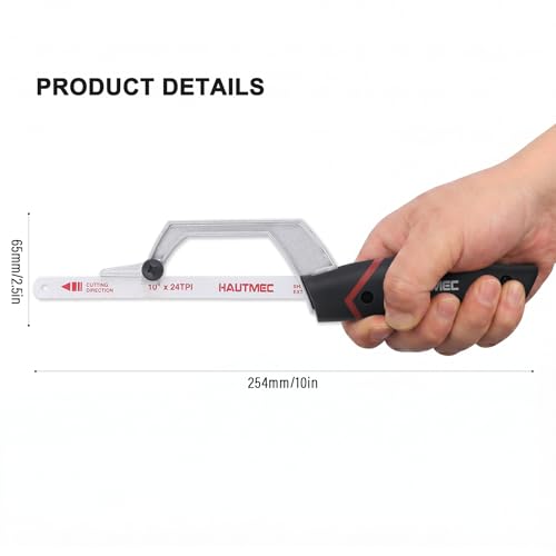 HAUTMEC Compact Hacksaw, 10" Hacksaw with Bi-Metal HSS Blade, Aluminium Frame, Cutting Guide Design, Small Hand Saw for Cutting Metal, Plastic, PVC & Wood, Ideal for Tight Spaces – HT0427 - style: Upgrade
