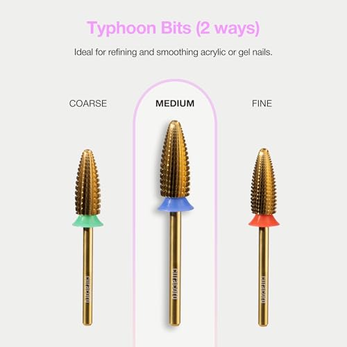 Curacoro Nail Drill Bits 3/32'' Typhoon Bits, 2 Way, Carbide Bit (Medium) - color: Yellow Titanium - Typhoon Bit, size: Medium