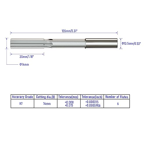 Chucking Reamer 14mm, H7 HSS Cobalt M35, Lathe Machine Reamer - size: 14mm