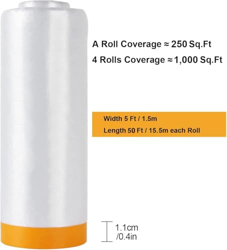 JMIATRY 4Roll Pre-Taped Painter Plastic Sheeting for Painting 4.9Ft X 65.5Ft