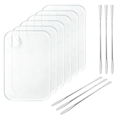 6Pcs Acrylic Makeup Mixing Palette, Makeup Tray with 6 Metal Spatula Tool Set, Clear Foundation Mixing Palette for Beauty Cosmetic Color Liquid Artist Pigment Blending