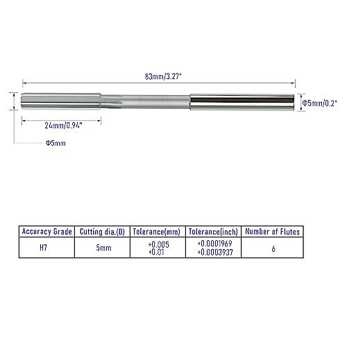 Chucking Reamer 5mm, H7 HSS Cobalt M35, Lathe Machine Reamer - size: 5mm
