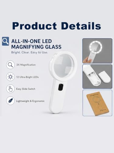 Magnifying Glass with 12 LED Light for Seniors Reading 3X Glass Lens - size: 3X