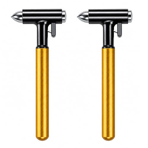 2-Pack Alloy Car Window Breaker with KM46 Tungsten Tip, 3-in-1 Glass Breaker & Seatbelt Cutter & Escape Hammer Car Emergency Rescue Tools for Tesla Model 3/Y/S/X/Cybertruck Accessories(Gold-2PCS) - color: Gold-2pcs