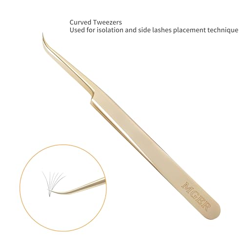 MGER Eyelash Extension Tweezers, Professional Curved Pointed Isolation Tweezers for Classic Individual Volume Mink Lash Extensions, Pointed Tweezers Stainless Lash Extensions, Gold tweezers - style: Curved- Multi Use