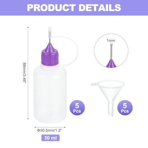 MECCANIXITY 5Pcs Needle Tip Squeeze Bottle, 30ml/1oz Glue Tip Applicator Bottles Plastic Liquid Glue Bottle for Paper Crafts, Painting, Oil, Ink(Purple, with 5 Funnel) - color: Purple, size: 30ml/1 oz