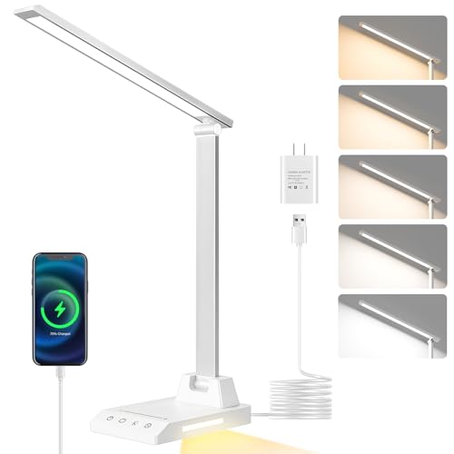 ShineTech LED Desk Lamp for Home Office,Foldable Reading Lamp with Adapter - color: White