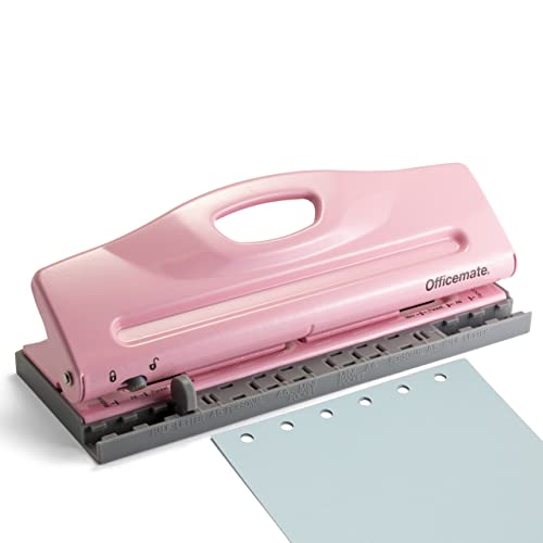 Officemate Adjustable 6-Hole Punch - 8 Sheet Capacity, Paper Punch for Planners and Binders, Fits Mini/Pocket, A6, Personal, A5 and Half Letter Paper, Easy-Read Guide, Pink - color: Pink
