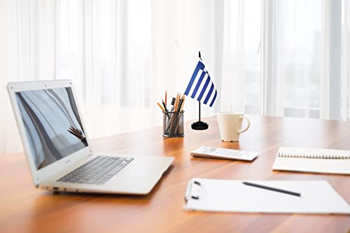USA American & Greece Greek Desk Flags, US Greece Office Table Flag, Small Mini Miniature Greek and US Desktop Flag With 13" Solid Black Pole, Black Base - color: Greece