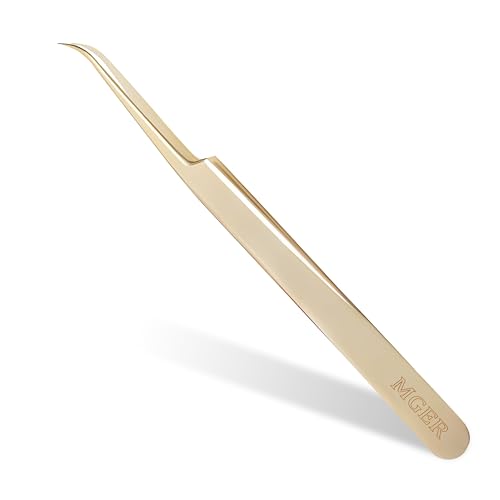 MGER Eyelash Extension Tweezers, Professional Curved Pointed Isolation Tweezers for Classic Individual Volume Mink Lash Extensions, Pointed Tweezers Stainless Lash Extensions, Gold tweezers - style: Curved- Multi Use