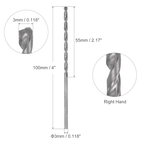 uxcell Solid Carbide Drill Bit, 3mm (0.118") Dia 100mm (4") Extra Long YG6X/C3 Micro-Grain Tungsten Carbide Jobber Twist Drill Bits for Drilling Stainless Steel Aluminum Metal Plastic - size: 3mm