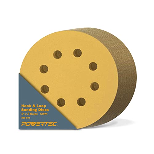 POWERTEC 50 PCS 320 Grit - 5 Inch 8 Hole Hook and Loop Sanding Discs, 5" Sanding Pads for Automotive, Drywall, Woodworking with Orbital Sander, DA Sander, Air Sander (44032G-50)