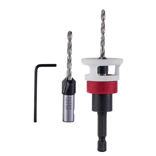 Countersink Drill Bit, 1/8" x3/8" Carbide Tipped Drill Bits with Depth Stop, 1/4" Quick Change Hex Shank Countersink Drill with Replaceable HSS Pilot Drill Bit for Plastic, Woodworking - size: 1/8" x 3/8"