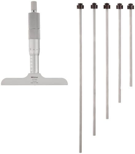 Mitutoyo 129-109 Vernier Depth Gauge, Interchangeable Rods, Micrometer Type, 0-50mm Range, 0.001mm Graduation, +/-0.0027mm Accuracy, 63.5mm x 16mm Base, 2 Rods
