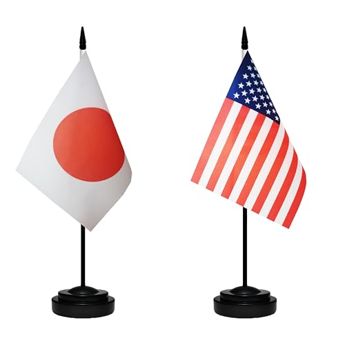 USA American & Japan Japanese Desk Flags, US Japan Office Table Flag, Small Mini Miniature Japanese and US Desktop Flag With 13" Solid Black Pole, Black Base - color: Japan