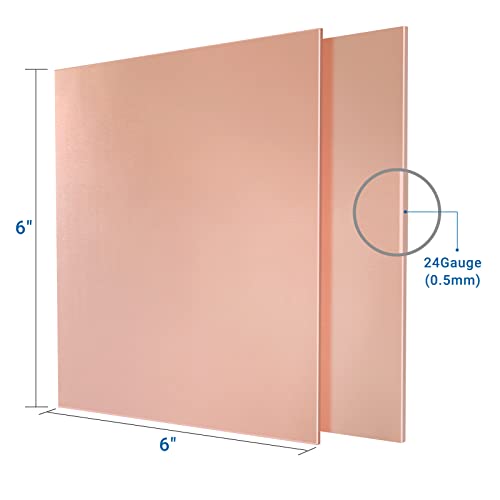 2 Pieces 99.9% Pure Copper Sheet, 6" x 6", 24 Gauge(0.5mm) Thickness, Film Attached Copper Plate, Great for Jewelry, Crafts, modelers - size: 2 Pieces 6" x 6",24 Gauge
