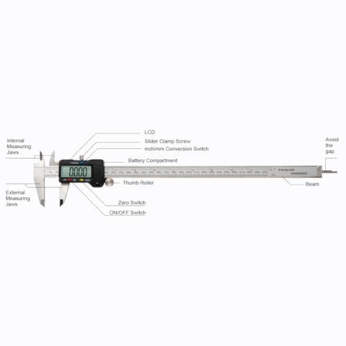 Digital Caliper 0-12" Measuring Tool with Metal Ruler, Micrometer Caliper with Auto-Off Feature, Interchangeable Between inches and millimeters for DIY/Household and 3D Printing, Black