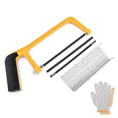Mini Metal Mitre Box and Saw Set, 6" Hand Saw with 2 Spare Blades & Gloves - color: Yellow