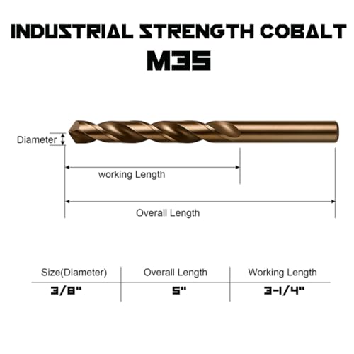 Narwhal 3/8 Inch Drill Bit (3 Pack) Cobalt for Metal & Stainless Steel - size: 3/8 in