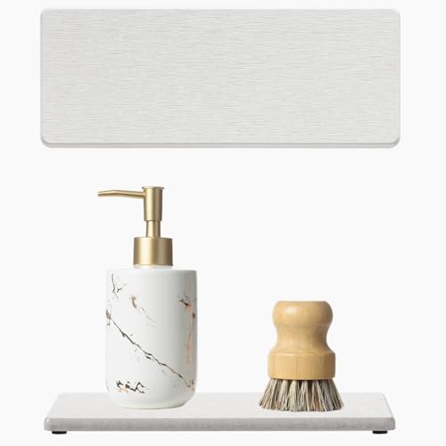 2PCS Beige Bathroom Sink Vanity Trays, Water Absorbing Diatomite Stone Drying Soap Dish Dispenser for Kitchen Counter, Sponge Holder Mat Rack Faucet Splash Guard Caddy Organizer, 9"x3.5" - color: 2 Pack - Beige, size: 9" x 3.5"