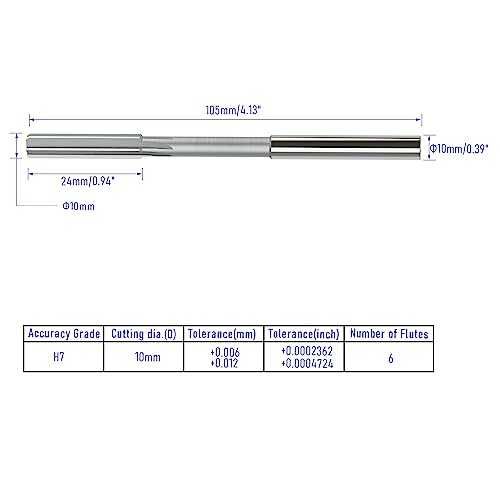 Chucking Reamer 10mm, H7 HSS Cobalt M35, Lathe Machine Reamer - size: 10mm