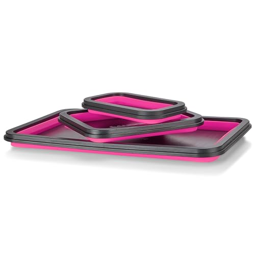 Collapsible Magnetic Parts Tray Set - 3 Different Size Tool Trays - Pink - color: Pink
