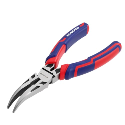 WORKPRO Premium 6" Bent Needle Nose Pliers(Smooth Jaw), Paper Clamp Precision, Heavy-Duty CRV Steel, Soft Grip with Wire Cutter, Long Nose Cutting Pliers - size: 6" Bent