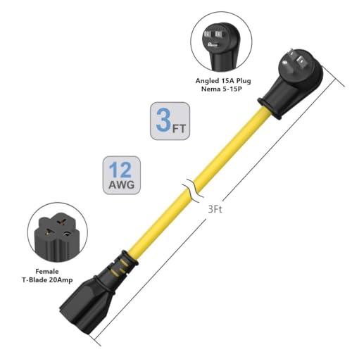 3FT 12AWG Heavy Duty Right-Angle Extension Cord 90 Degree 15-Amp to 20-Amp - color: 3 FT